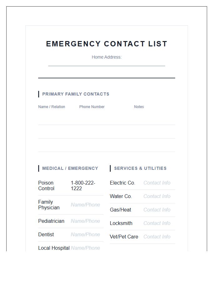 Family Emergency Contact Printable Chart