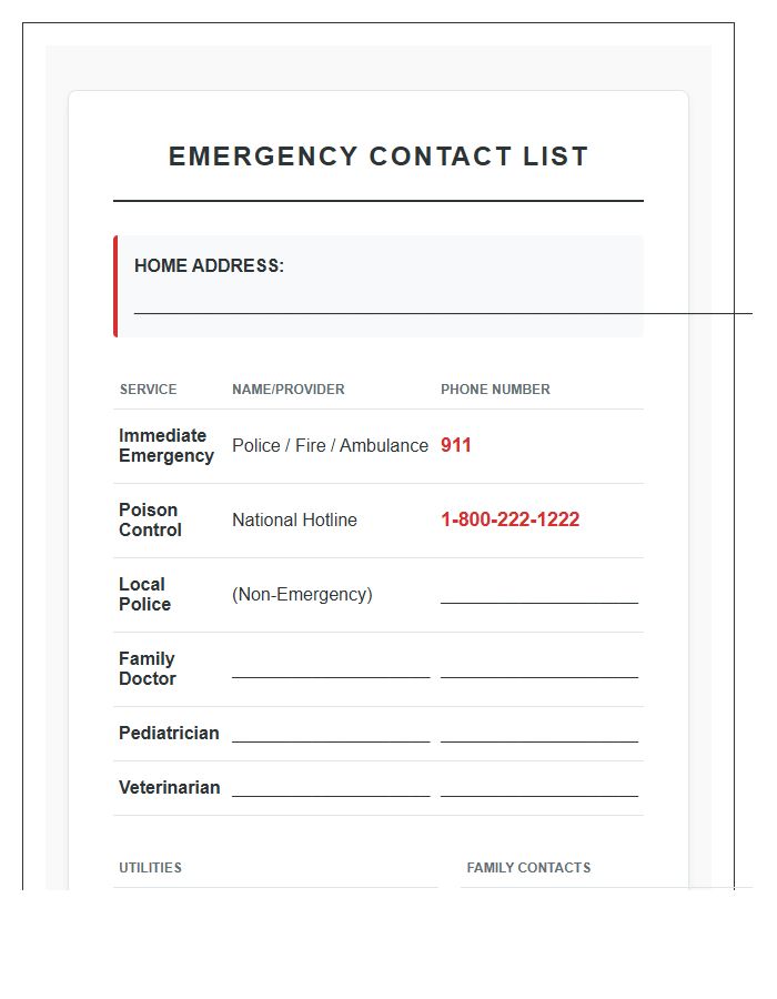 Home Safety Emergency Contact Printable Chart