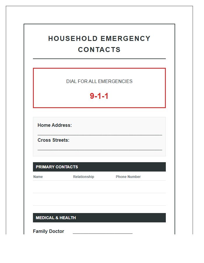Household Emergency Contact Printable Chart