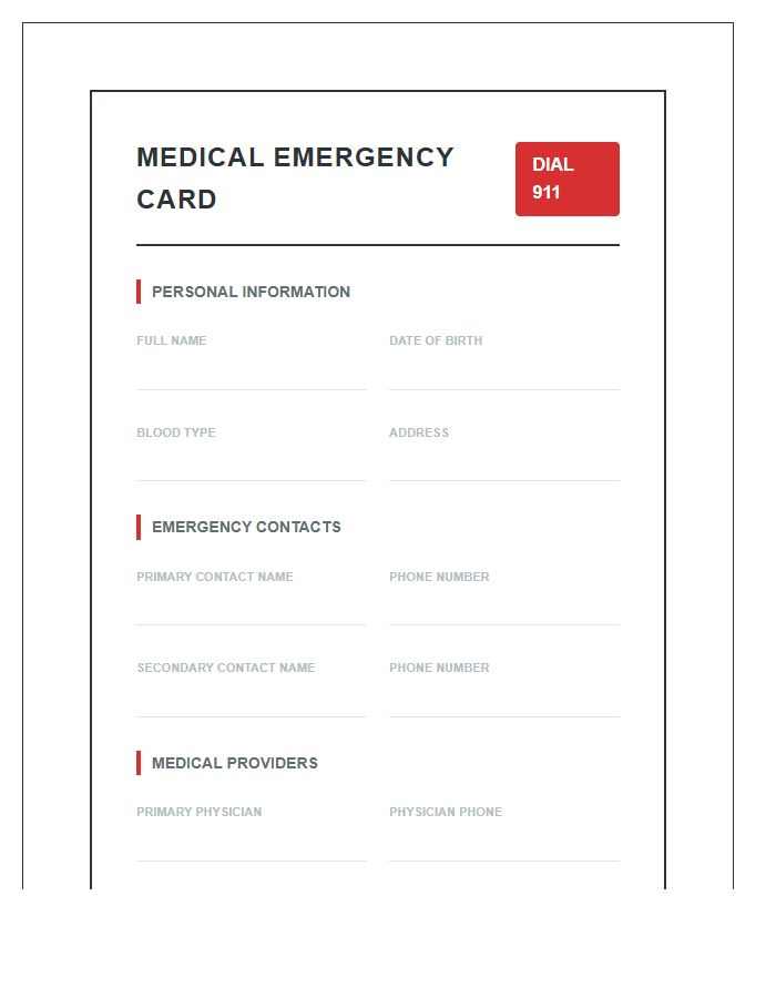 Medical Emergency Contact Printable Chart