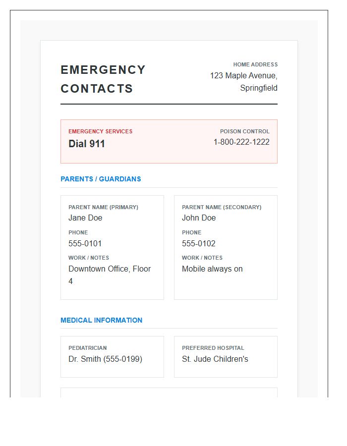 Nanny Emergency Contact Printable Chart