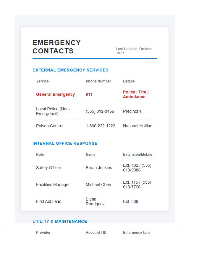 Office Emergency Contact Printable Chart