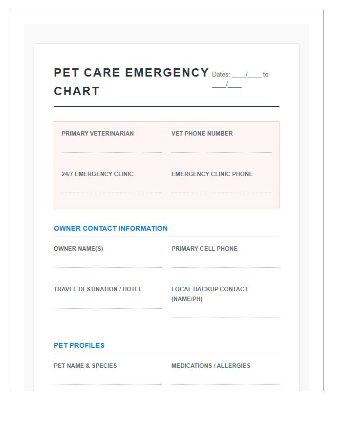 Pet Sitter Emergency Contact Printable Chart