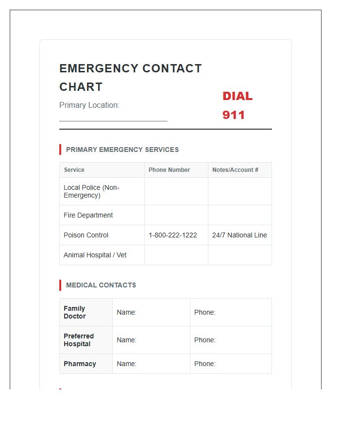 Professional Emergency Contact Printable Chart