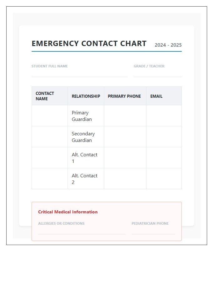 School Emergency Contact Printable Chart