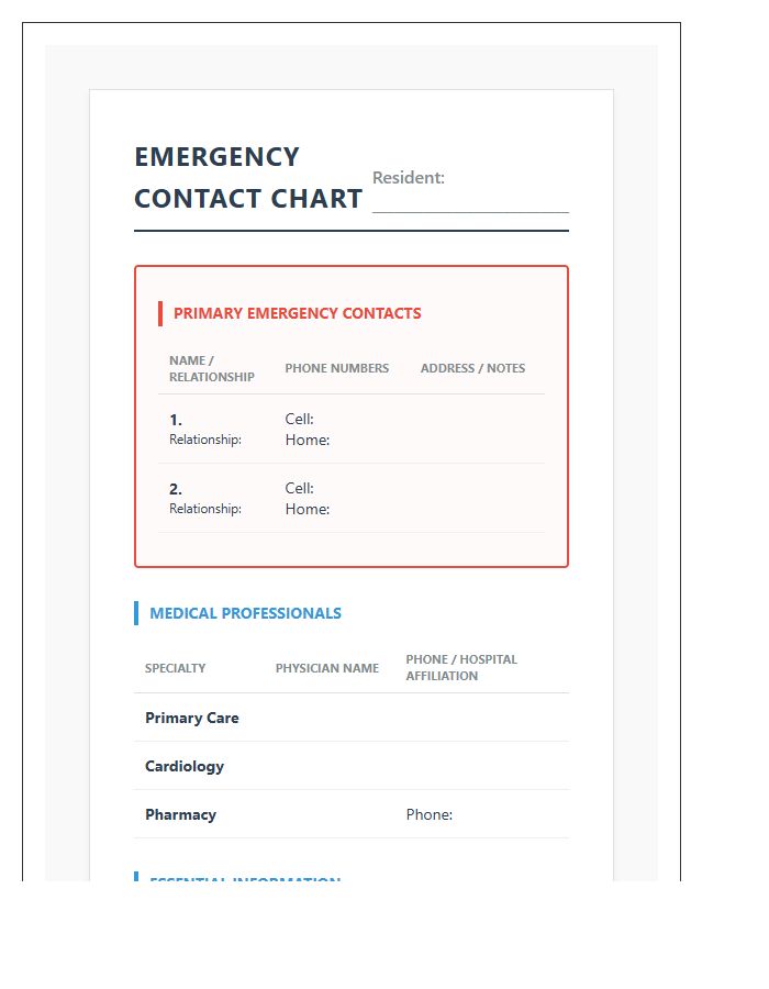 Senior Care Emergency Contact Printable Chart