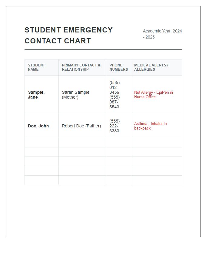 Student Emergency Contact Printable Chart