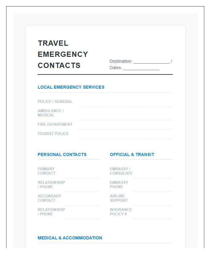Travel Emergency Contact Printable Chart