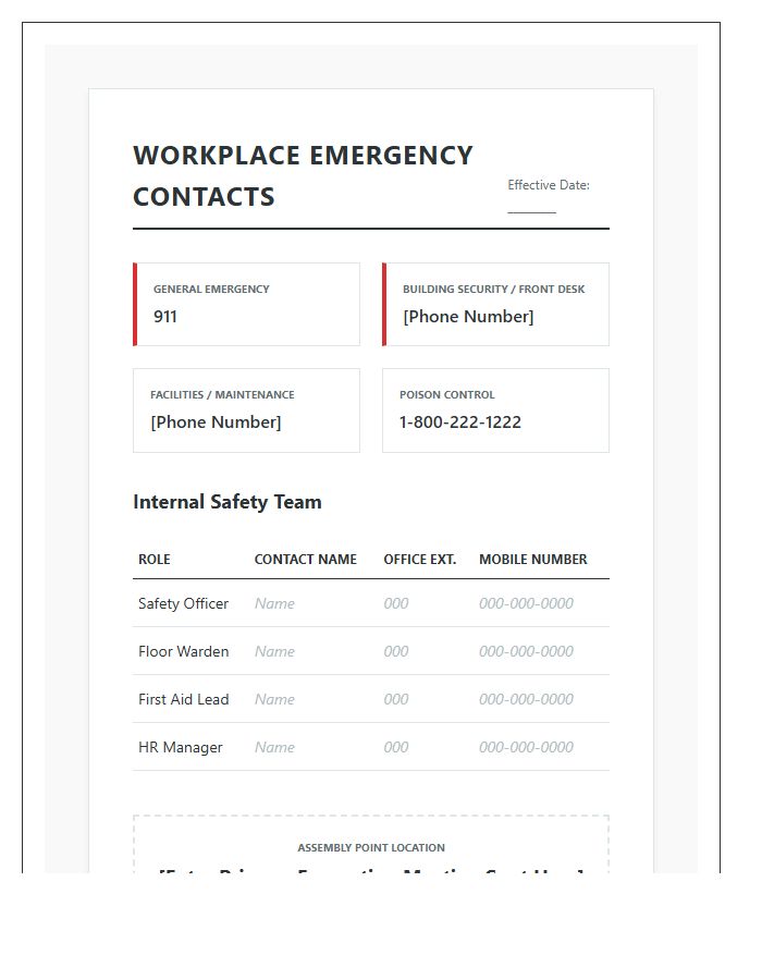 Workplace Emergency Contact Printable Chart