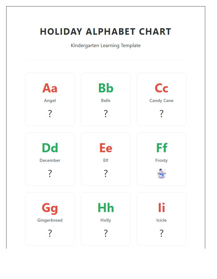 Kindergarten Holiday Printable Alphabet Chart