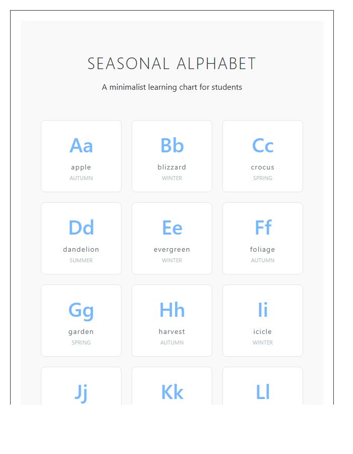 Seasonal Student Printable Alphabet Chart