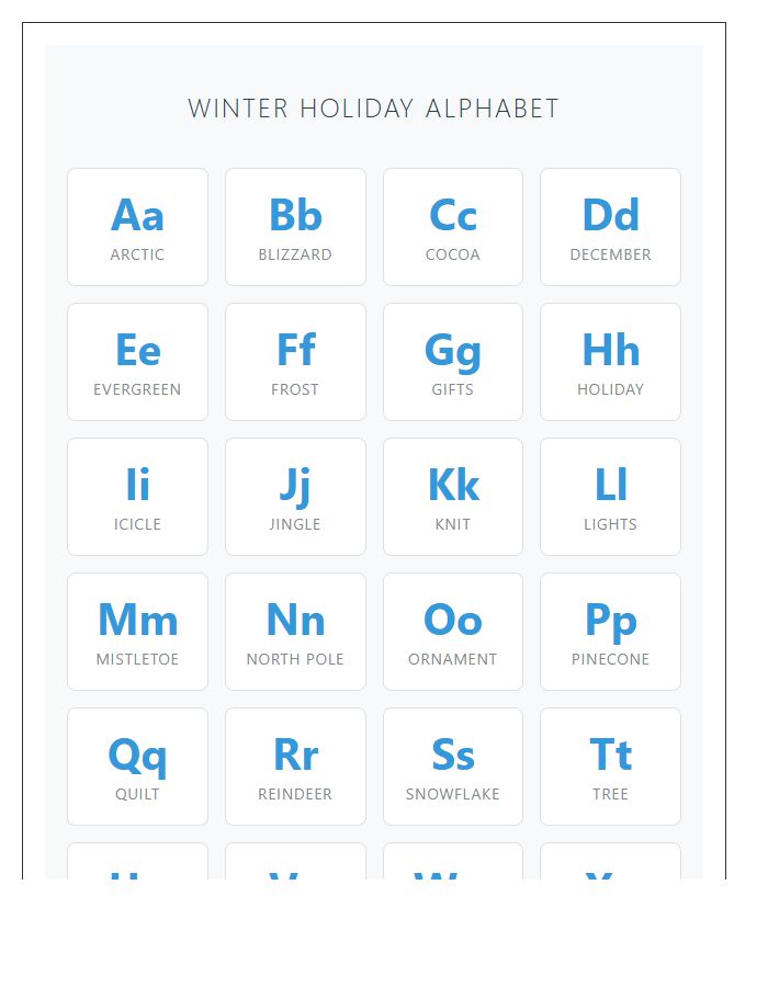 Winter Holiday Printable Alphabet Chart