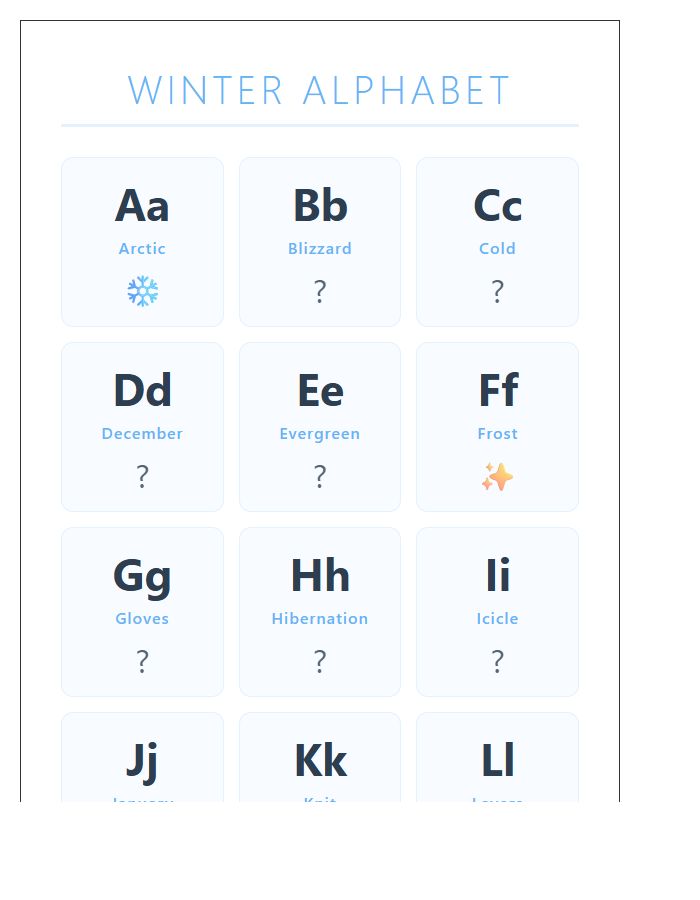 Winter Themed Printable Alphabet Chart
