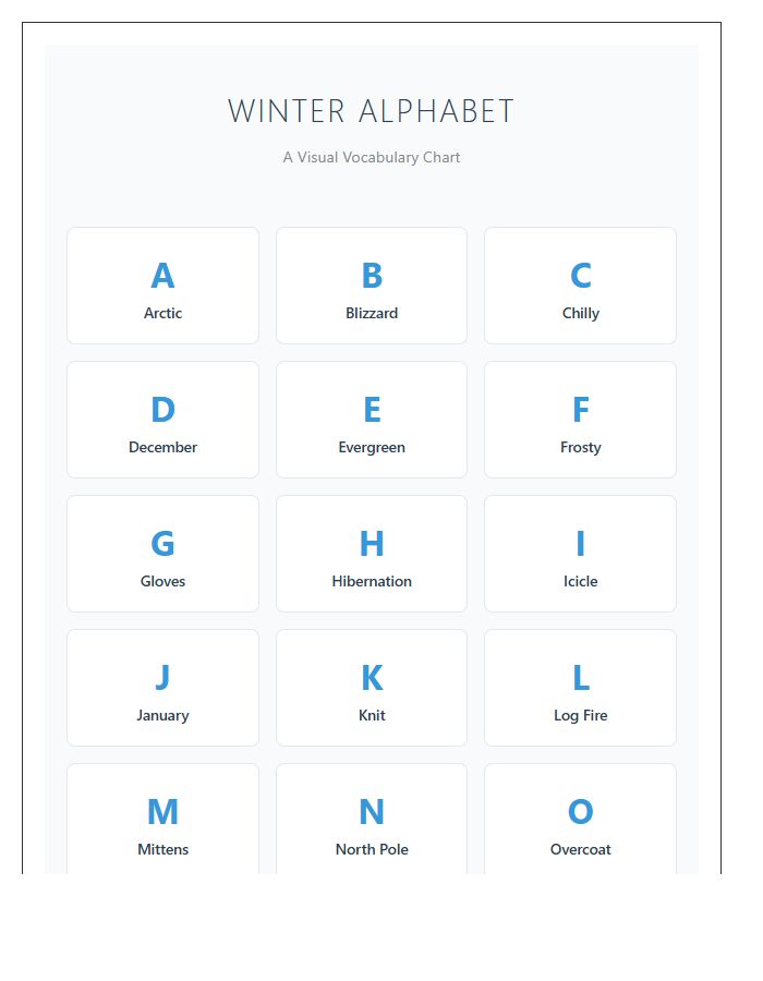 Winter Vocabulary Printable Alphabet Chart