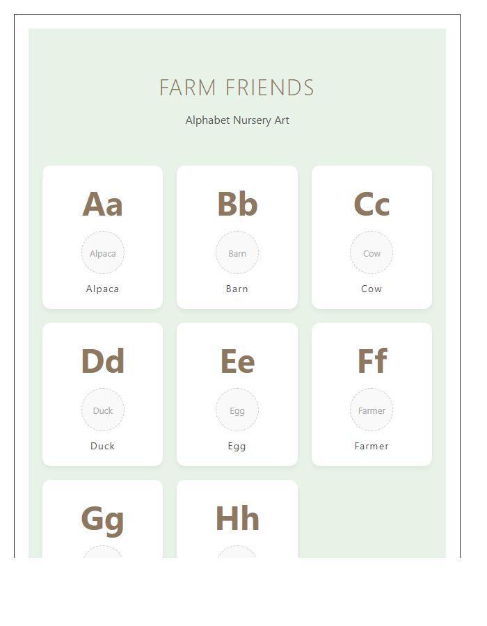 Baby Room Farm Animal Illustration Printable Alphabet Chart
