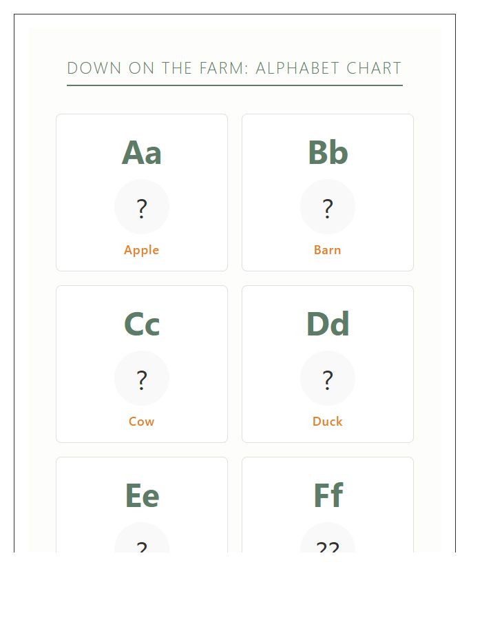 Preschool Classroom Farm Animal Illustration Printable Alphabet Chart