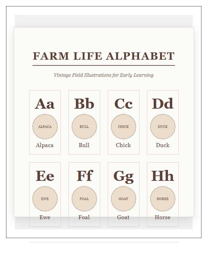 Vintage Farm Animal Illustration Printable Alphabet Chart