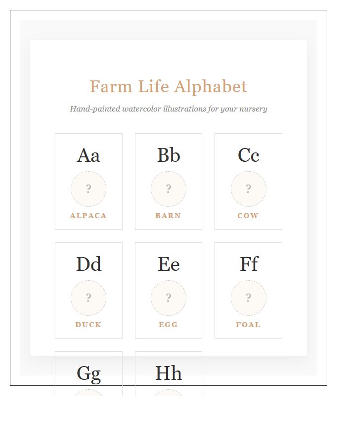 Watercolor Farm Animal Illustration Printable Alphabet Chart