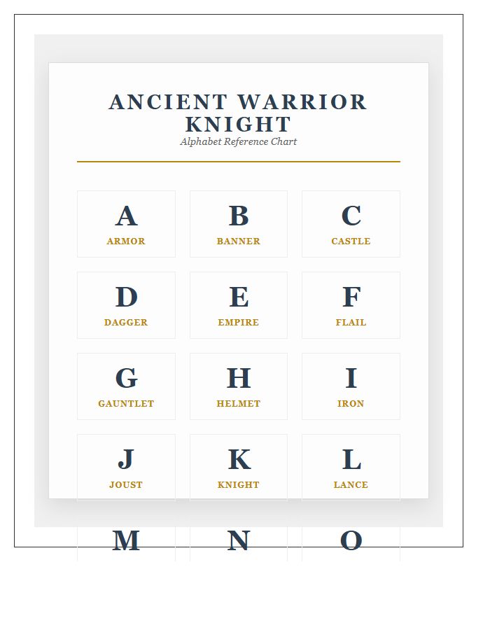 Ancient Warrior Knight Printable Alphabet Chart