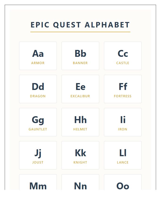 Epic Quest Knight Printable Alphabet Chart