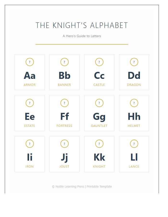 Knight In Shining Armor Printable Alphabet Chart