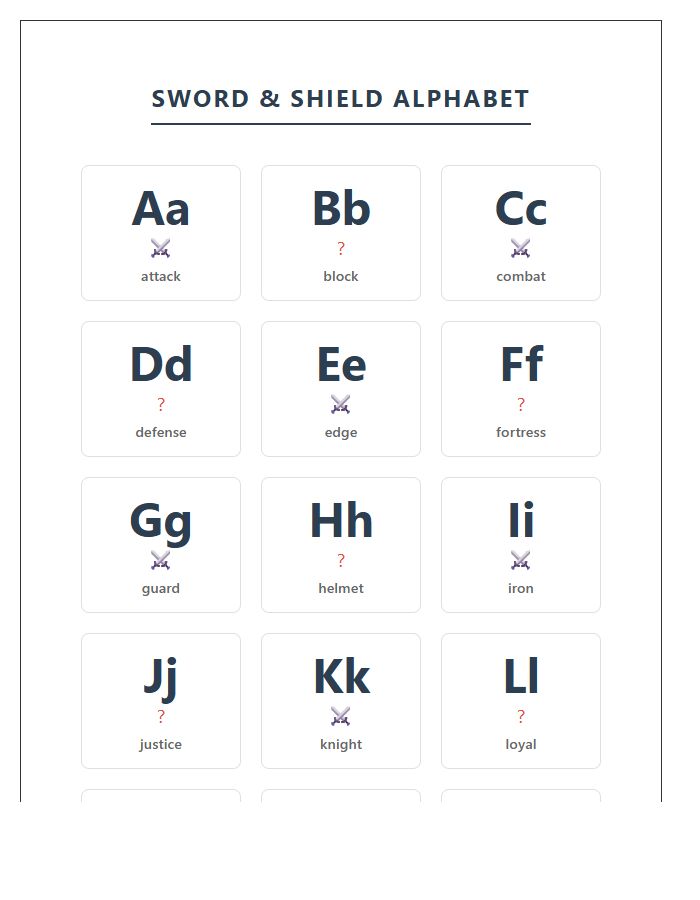 Sword And Shield Printable Alphabet Chart