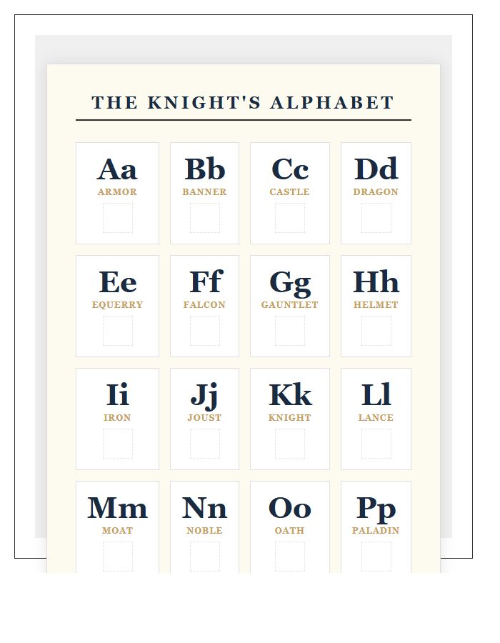 Traditional Medieval Knight Printable Alphabet Chart