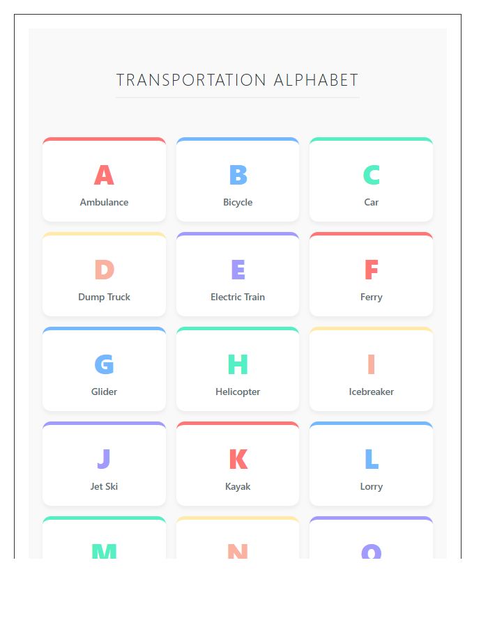 Colorful Transportation Vehicle Names Printable Alphabet Chart
