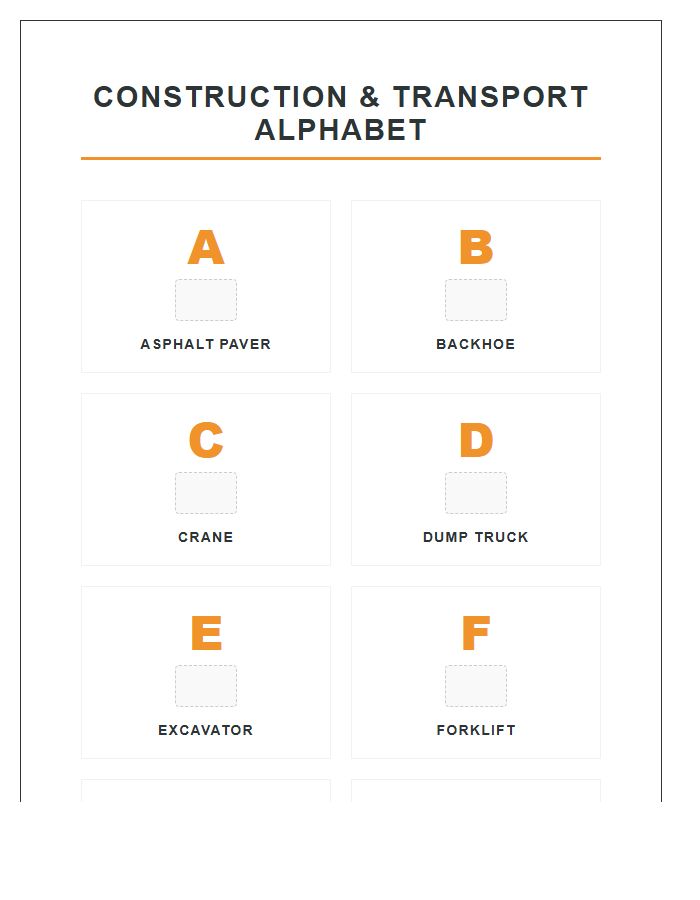Construction Transportation Vehicle Names Printable Alphabet Chart
