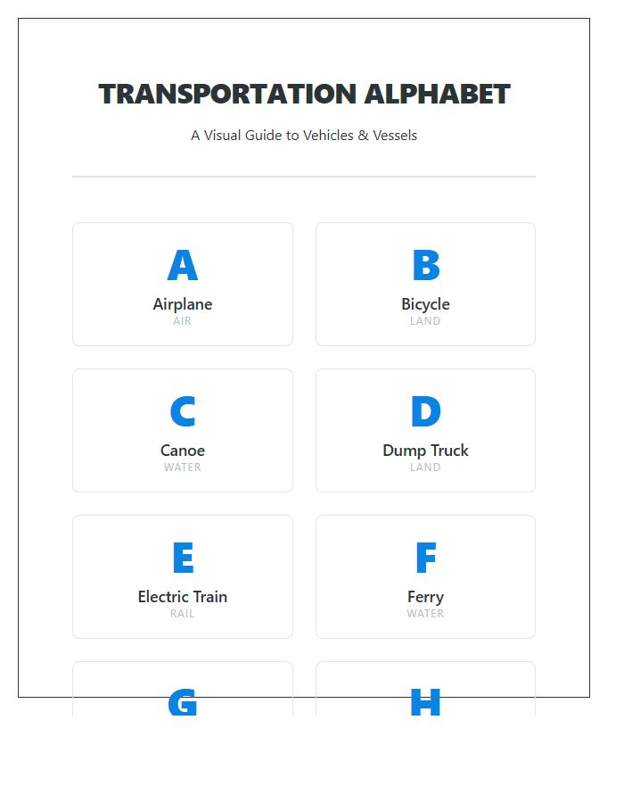 Educational Transportation Vehicle Names Printable Alphabet Chart