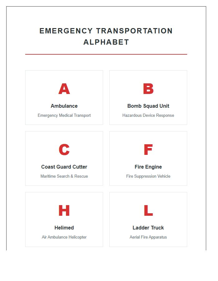 Emergency Transportation Vehicle Names Printable Alphabet Chart