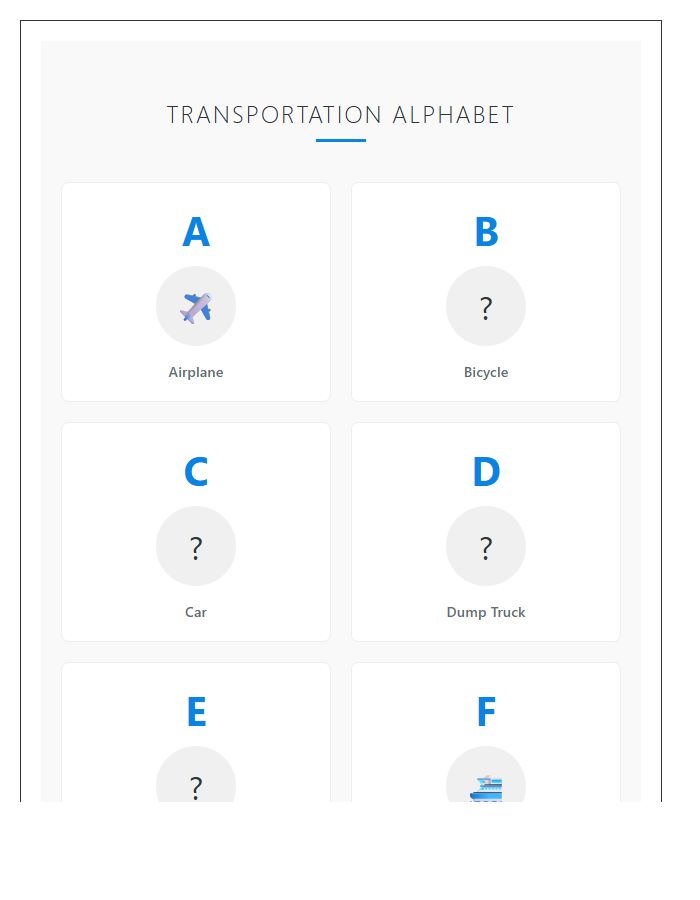 Illustrated Transportation Vehicle Names Printable Alphabet Chart