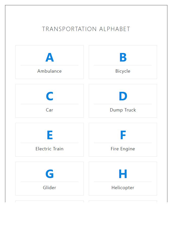 Kindergarten Transportation Vehicle Names Printable Alphabet Chart