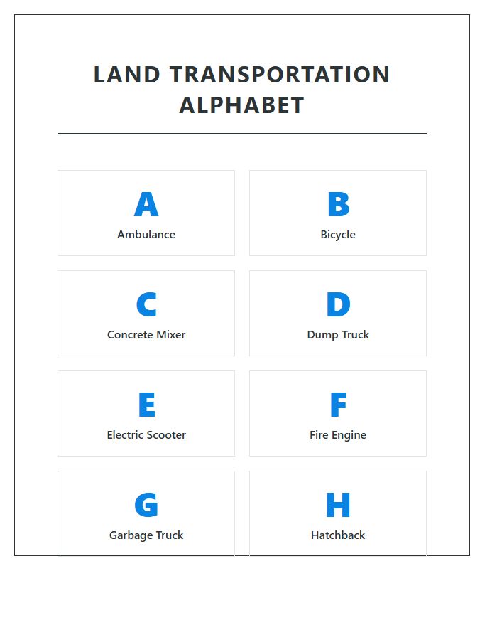 Land Transportation Vehicle Names Printable Alphabet Chart