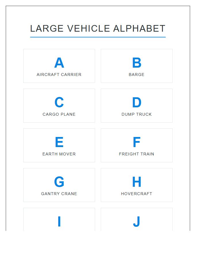 Large Transportation Vehicle Names Printable Alphabet Chart