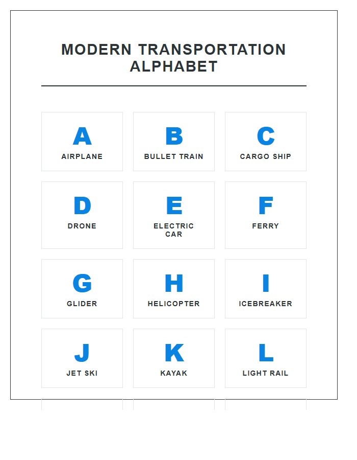 Modern Transportation Vehicle Names Printable Alphabet Chart