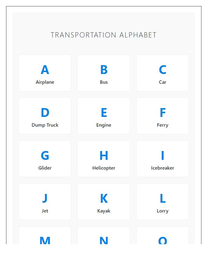 Preschool Transportation Vehicle Names Printable Alphabet Chart