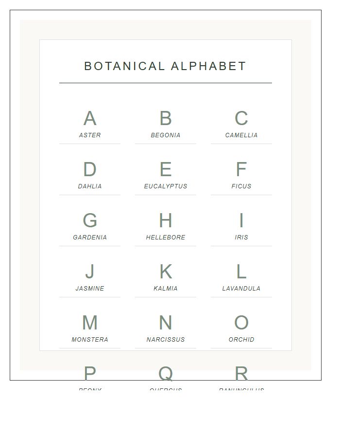 Minimalist Botanical Plant Species Printable Alphabet Chart