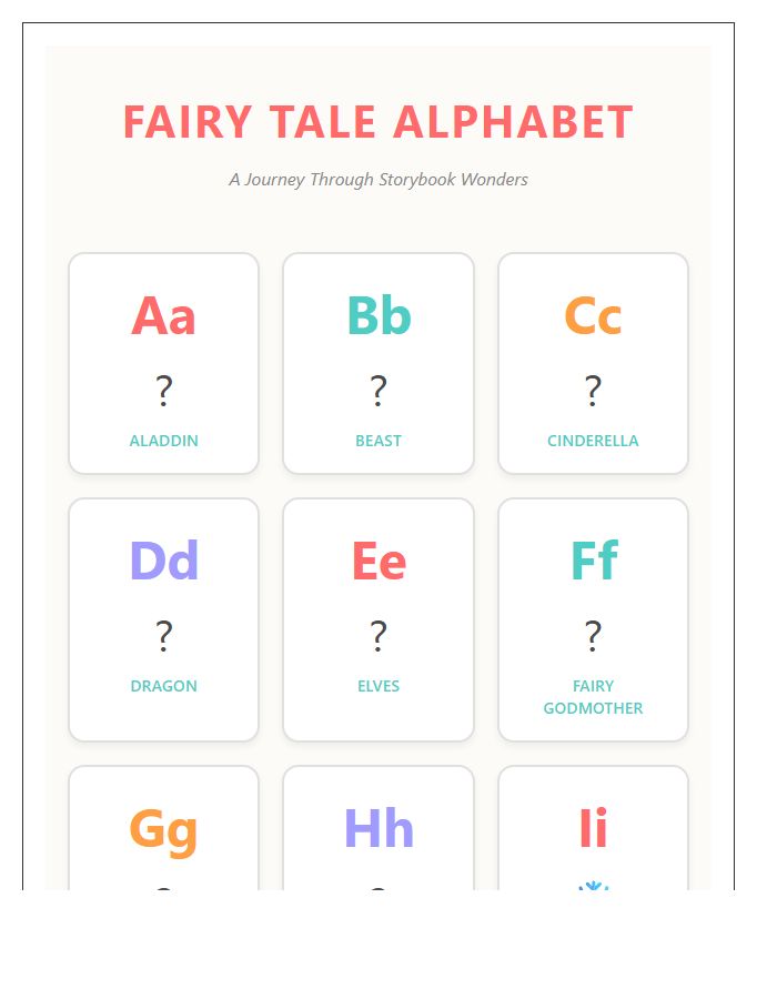 Colorful Storybook Fairy Tale Character Printable Alphabet Chart