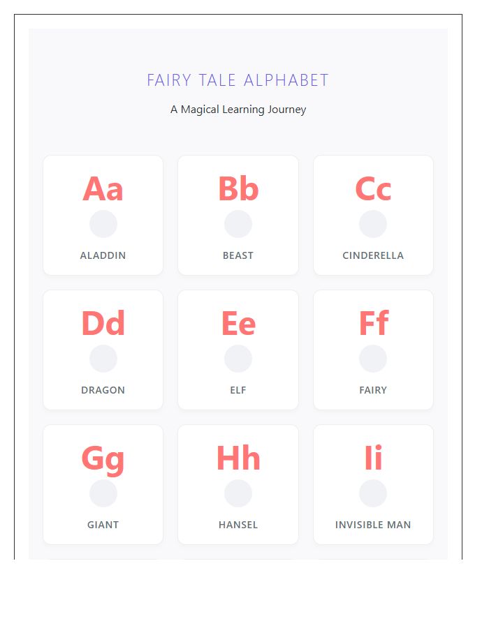 Educational Fairy Tale Character Printable Alphabet Chart For Kids