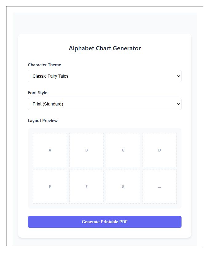 Home Education Fairy Tale Character Printable Alphabet Chart Tool