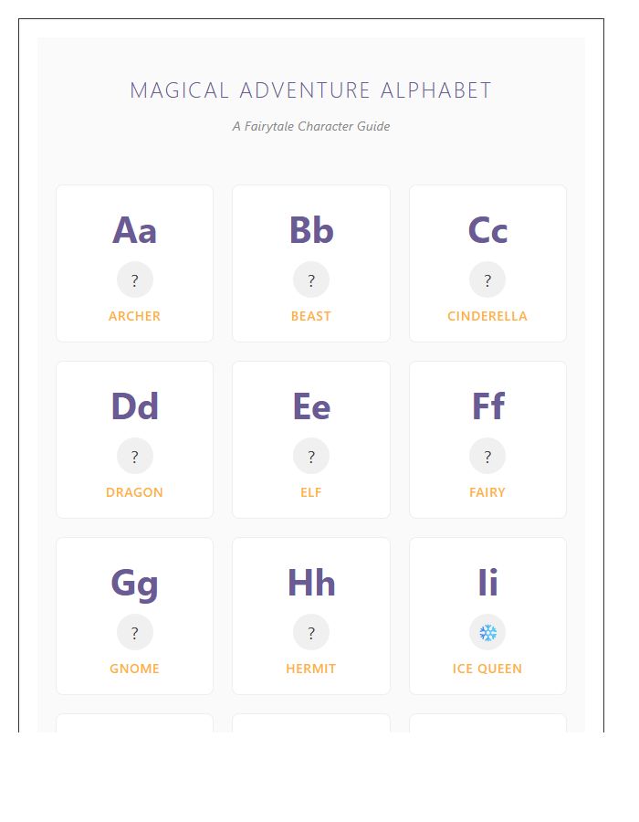Magical Adventure Fairy Tale Character Printable Alphabet Chart
