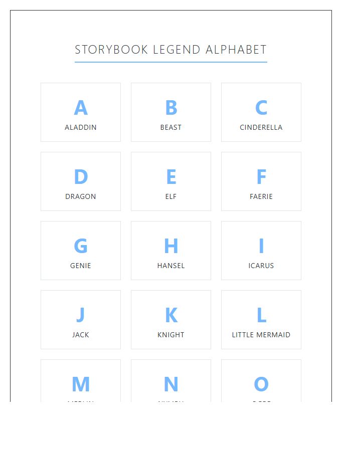 Storybook Legend Fairy Tale Character Printable Alphabet Chart