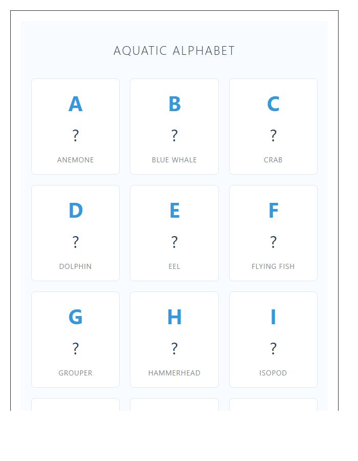 Aquatic Creature Visual Letter Printable Chart