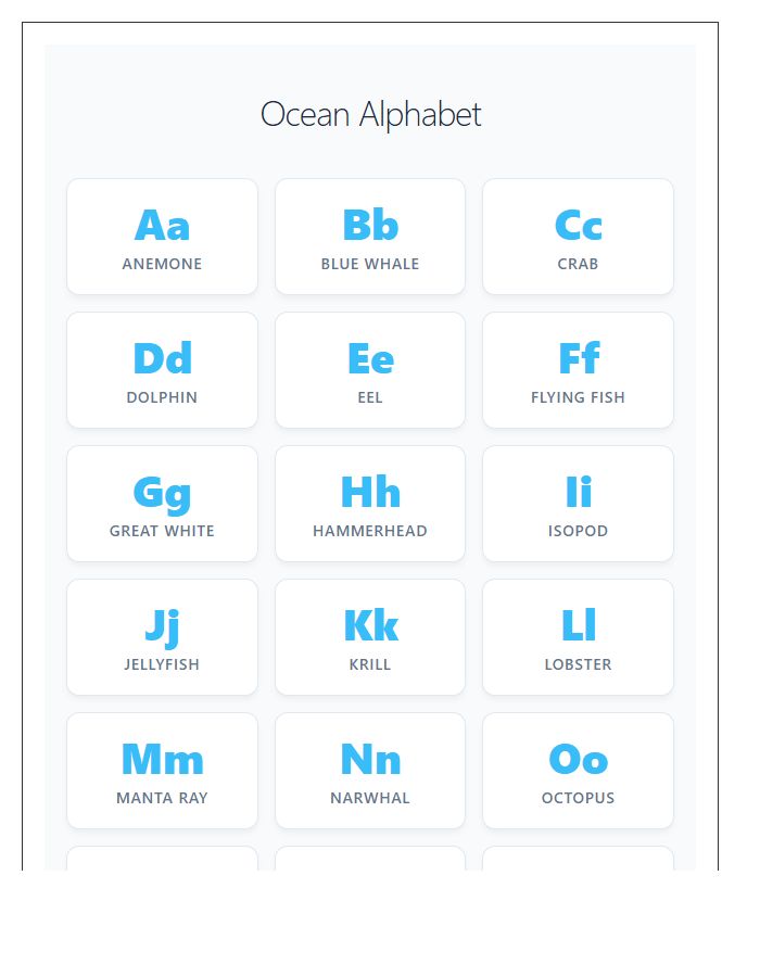 Classroom Ocean Creature Alphabet Printable Chart