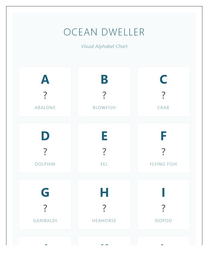 Ocean Dweller Visual Alphabet Printable Chart