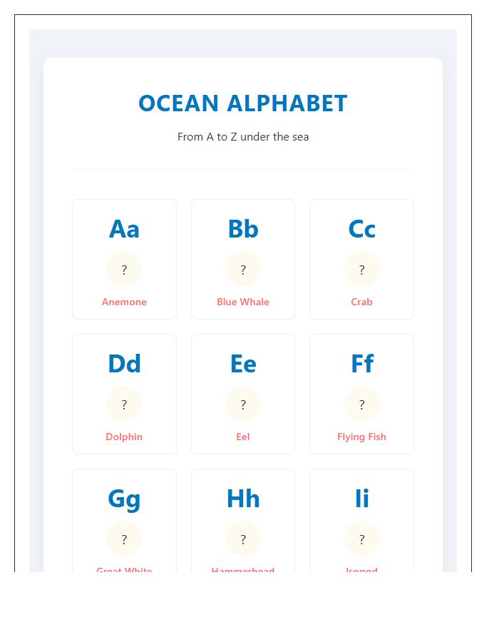 Preschool Ocean Creature Alphabet Printable Chart