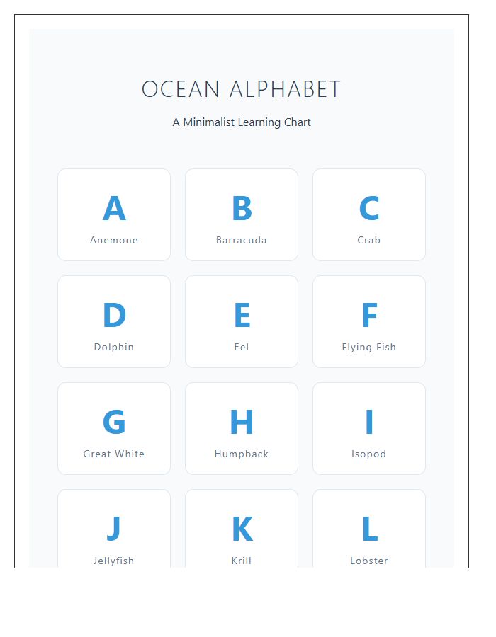 Sea Creature Alphabet Learning Printable Chart