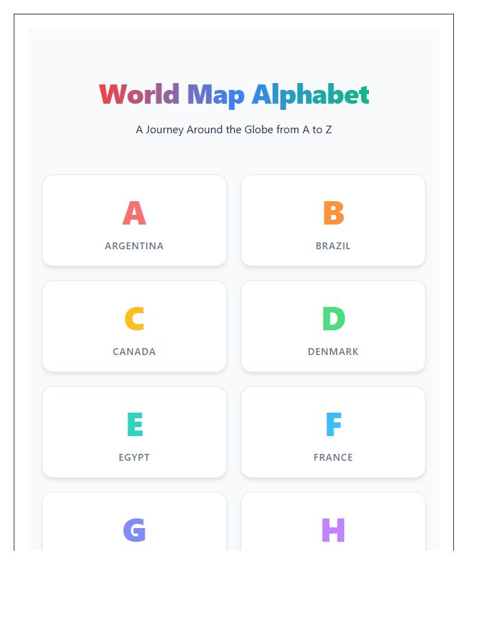 Colorful World Map Country Alphabet Printable Chart