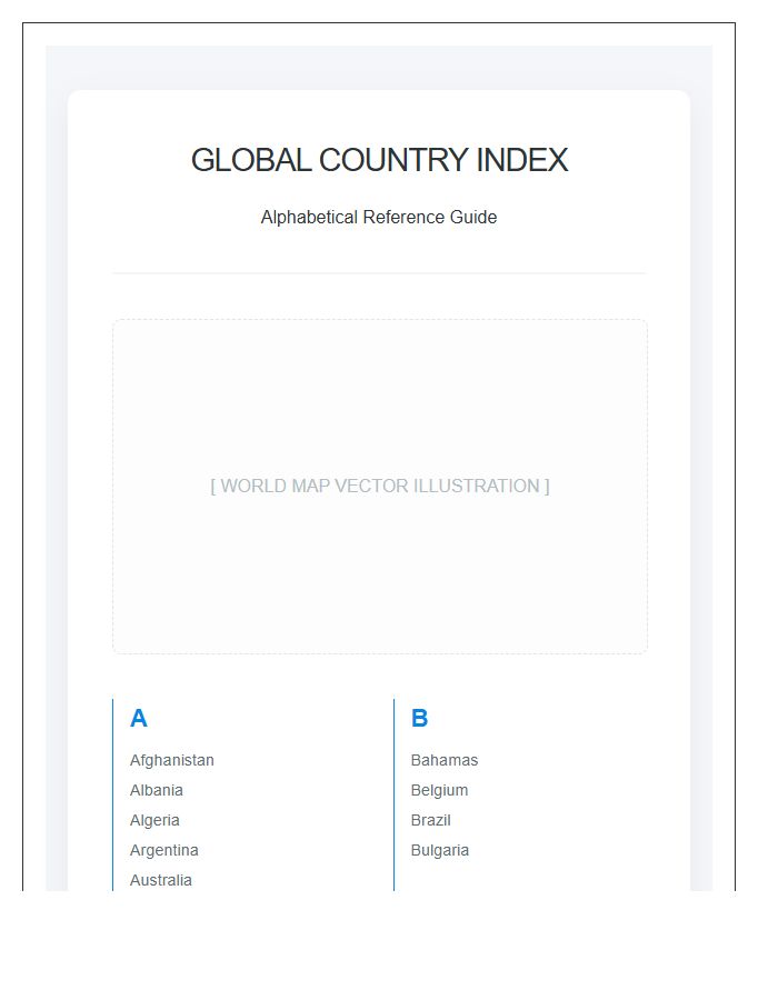 Global World Map Country Alphabet Printable Chart